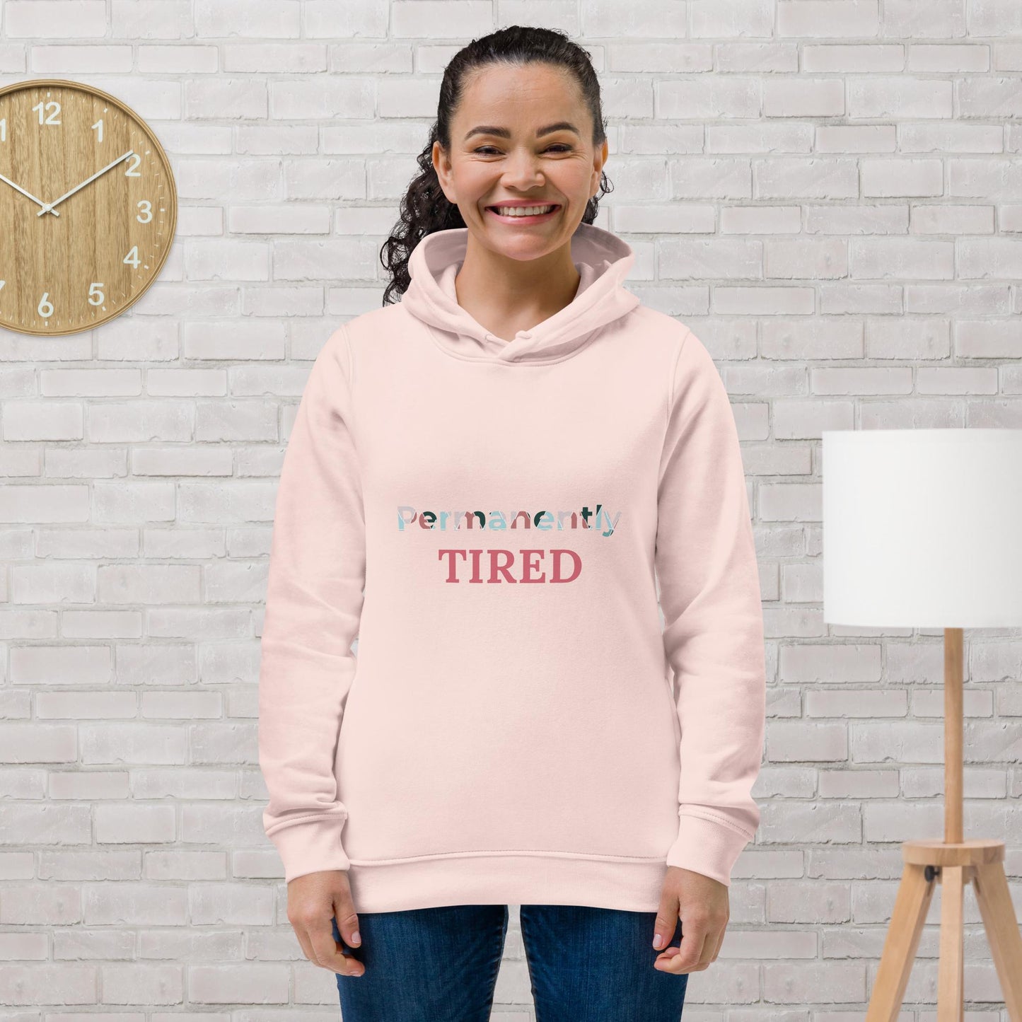 Women's eco fitted hoodie Permanently TIRED pink print